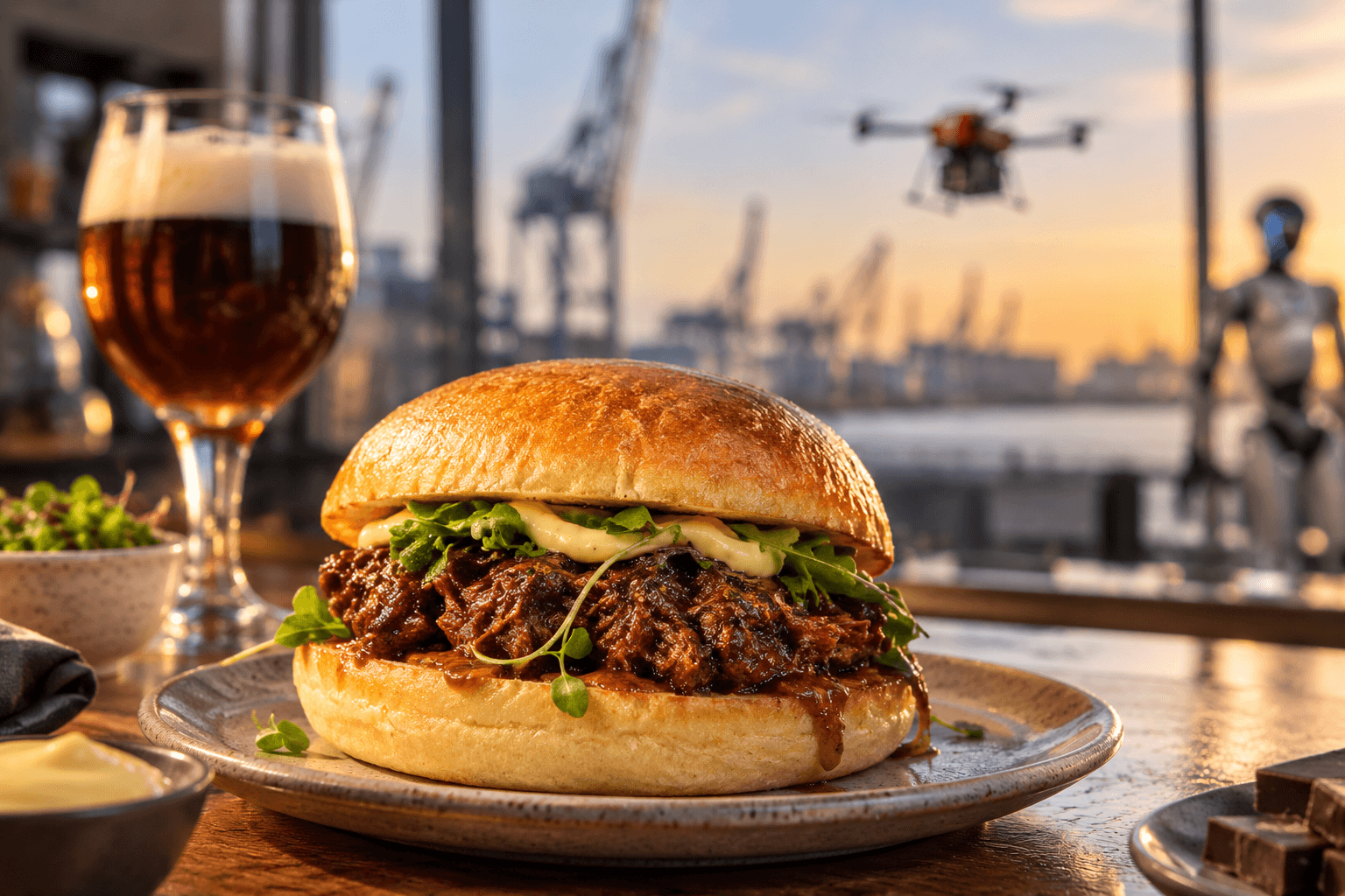 STOOF·36-burger op een terras in de Antwerpse haven, met een drone in de lucht