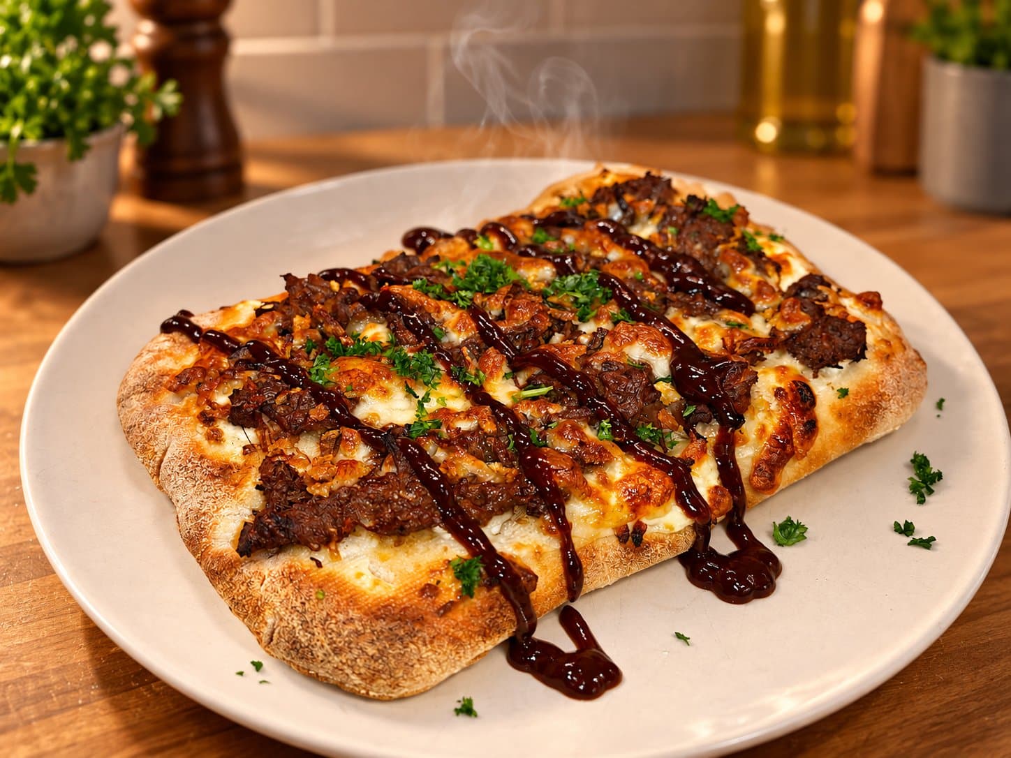 Pizza STOOF·36 sortie du four, avec sauce BBQ et persil