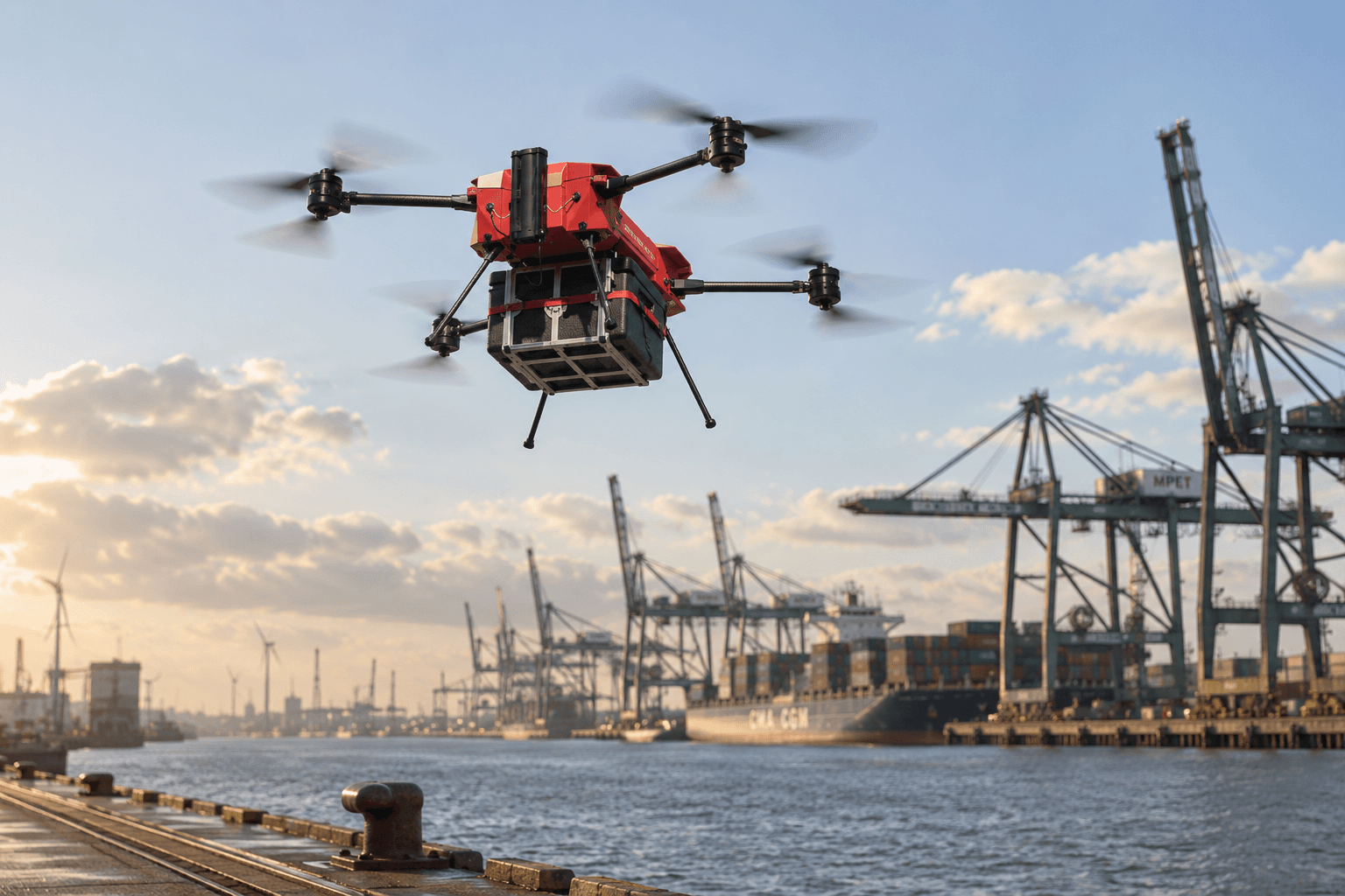Een rode ADLC-drone met een transportbox boven de Antwerpse haven