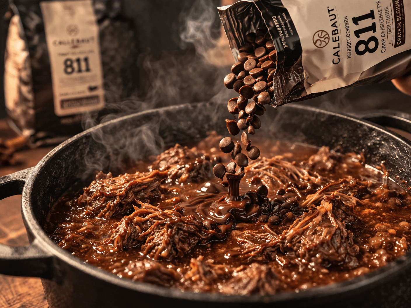 Callebaut-chocolade die in een pot stoofvlees wordt gestrooid