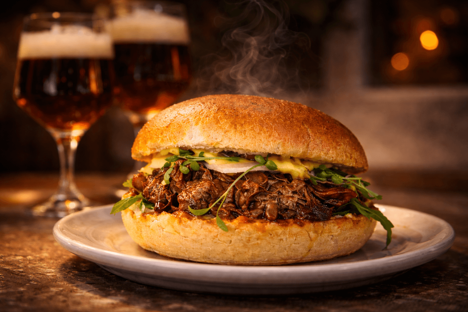 De STOOF·36-burger op een briochebroodje, met Belgisch bier op de achtergrond