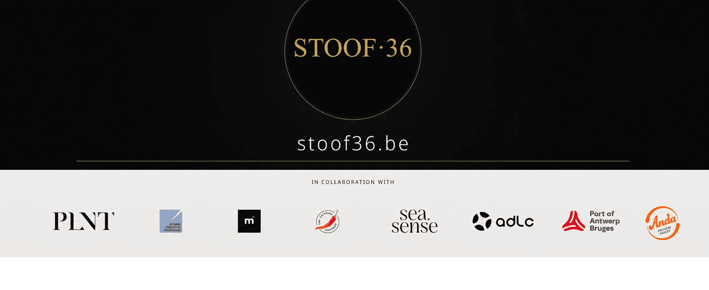Logo's van STOOF·36 en de partners: PLNT, Antwerp Innovation Powerhouse, Motion.one, The Catering Company, Sea.Sense, ADLC, Port of Antwerp-Bruges en Anda