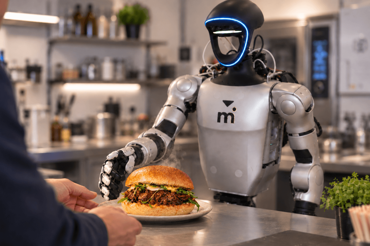 Humanoïde robot met Motion.one-logo die een STOOF·36-burger serveert